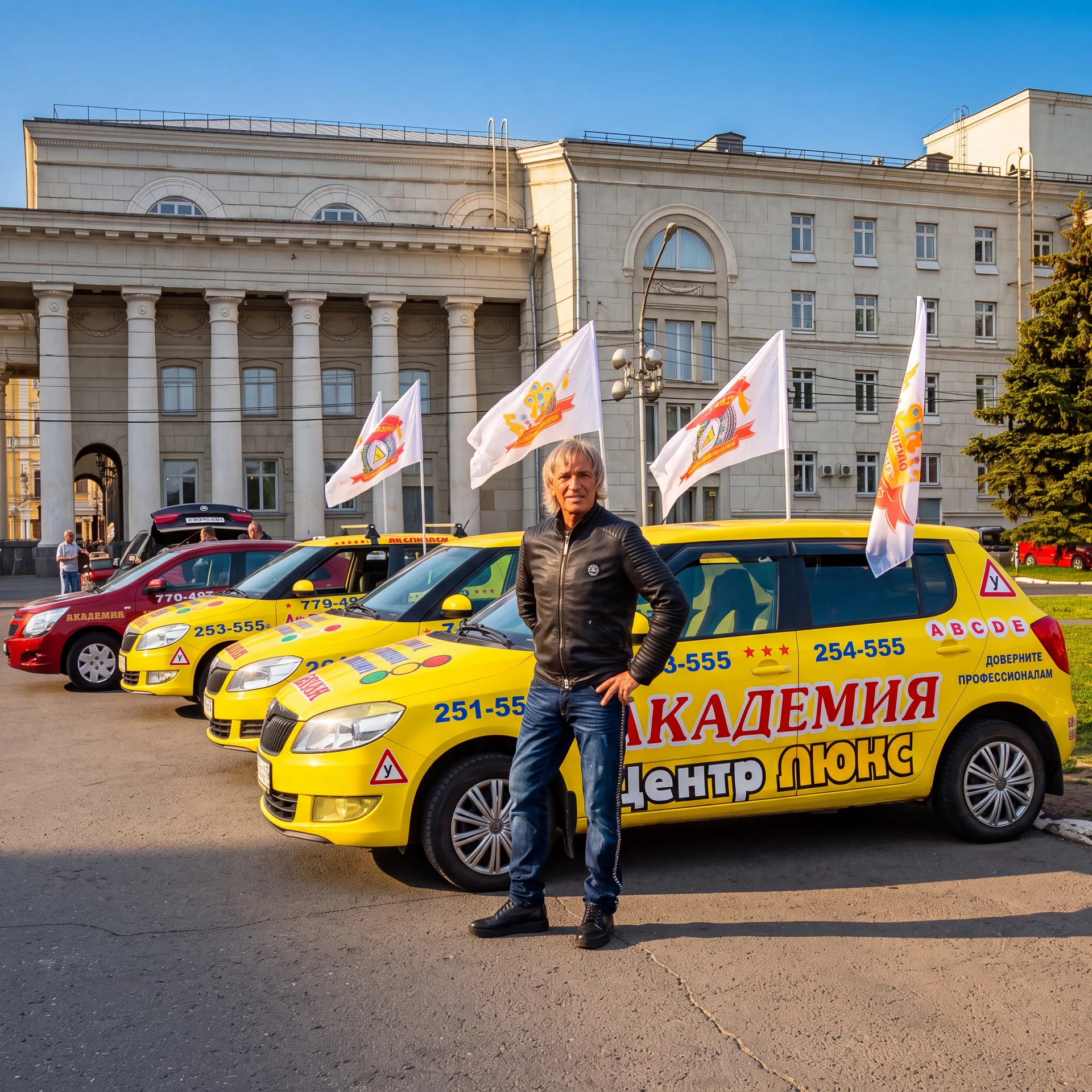 Представитель автошколы рядом с рядом фирменных учебных автомобилей